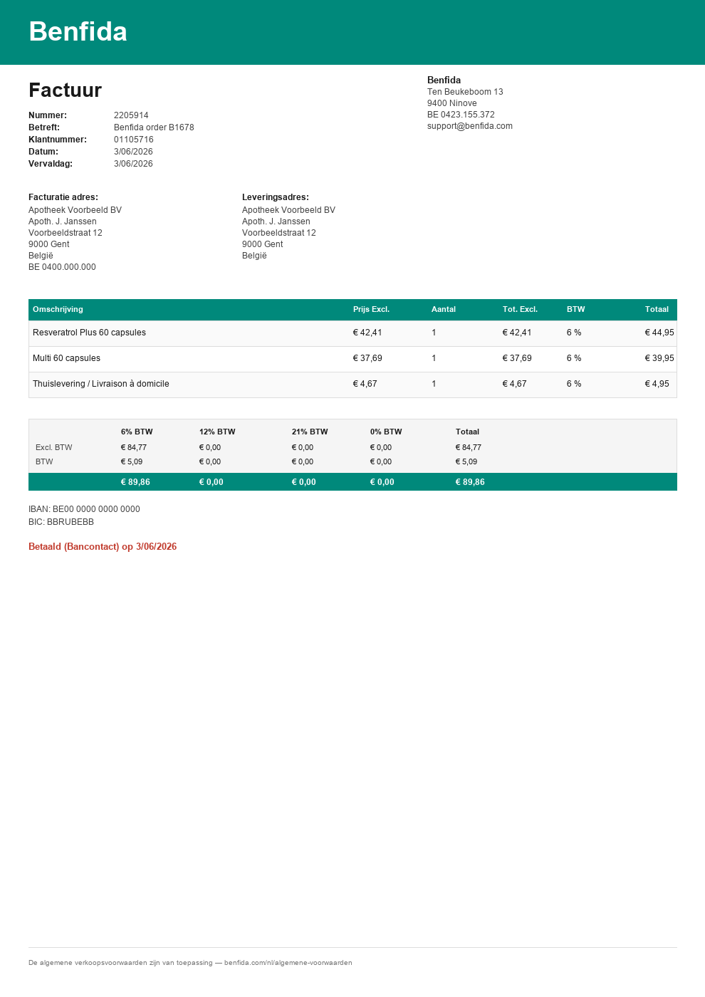 Billit invoice output generated automatically from a Shopify Plus order
